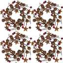 Winlyn 4 Pcs Christmas Jingle Bells Candle Rings Rusty Bells and Stars Wreaths Burgundy Berries 4.1" Center Mini Decorative Wreaths for Primitive Farmhouse Holiday Home Table Decoration Centerpiece