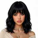 eNilecor Black Wig for Women,Short Wavy Curly Bob Hair Wig with Bangs,14" Natural Synthetic Party Costume Cosplay Halloween Colred colorful Color Fun Neon Funny Wigs For Women