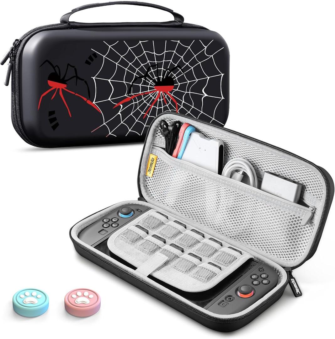 2 x Carrying Case (2025) for Switch 2, Slim Hard Shell Protective Travel Case with Black Spider Design, Game Card Storage, Fits Console with Attached Controllers, for Teen and Adult Gamers
