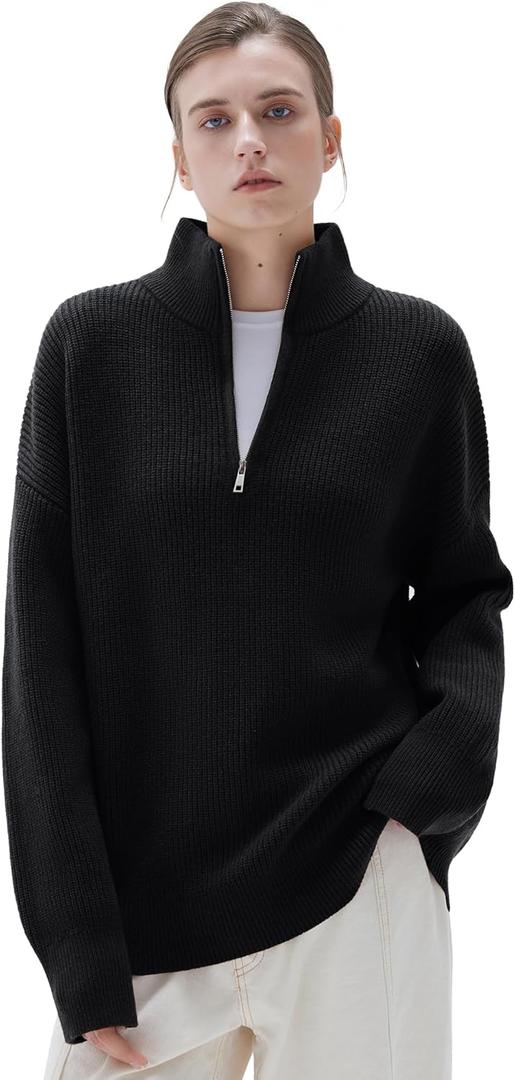 SUUKSESS Women Cashmere Oversized Quarter Zip Pullover Sweater Long Sleeve Collared Ribbed Knit Jumper Tops (X-Small, Black)