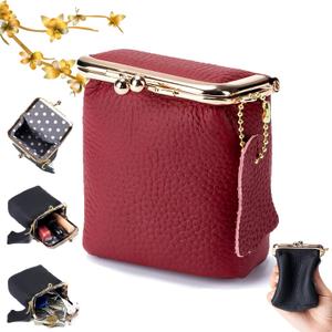 Genuine Leather Mini Jewelry Box, Portable Genuine Leather Mini Coin Jewelry Purse, Vintage Travel Jewelry Case Organizer with Kiss Lock, for Earring, Ring, Necklace Coin or Lipstick(Red)