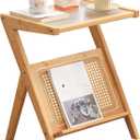 Tiita Rattan Side Table, Mid Century Nightstand, Bamboo Accent Bedside Tables, Glass Coffee Tables, Boho Wooden End Table with Storage for Small Space, Living Room and Bedroom, Large