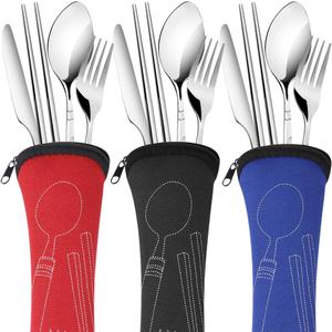 3 Pack Reusable Flatware Sets Knife, Fork, Spoon, Chopsticks, 12Pcs Portable Travel Stainless Steel Tableware Dinnerware with Carrying Case