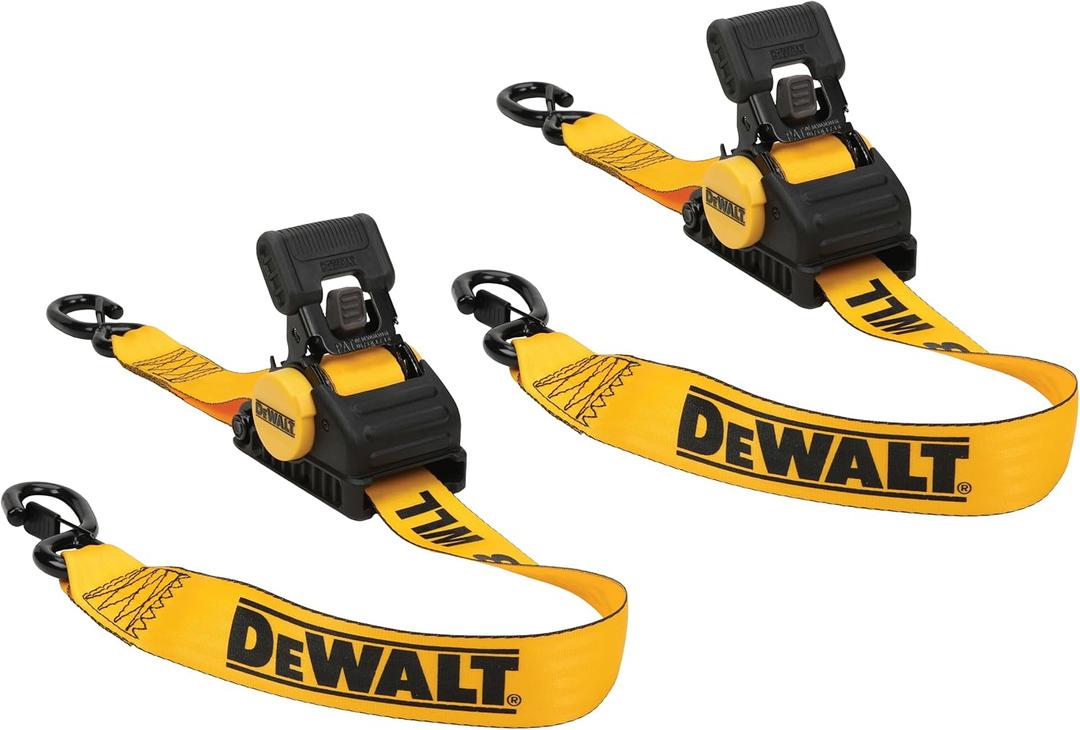 DEWALT DXBC9002 Black/Yellow 2 x 10 Auto Retractable Ratchet Straps - 1,100 lb Safe Working Load / 3,300 lb Break Strength, 2 Pack