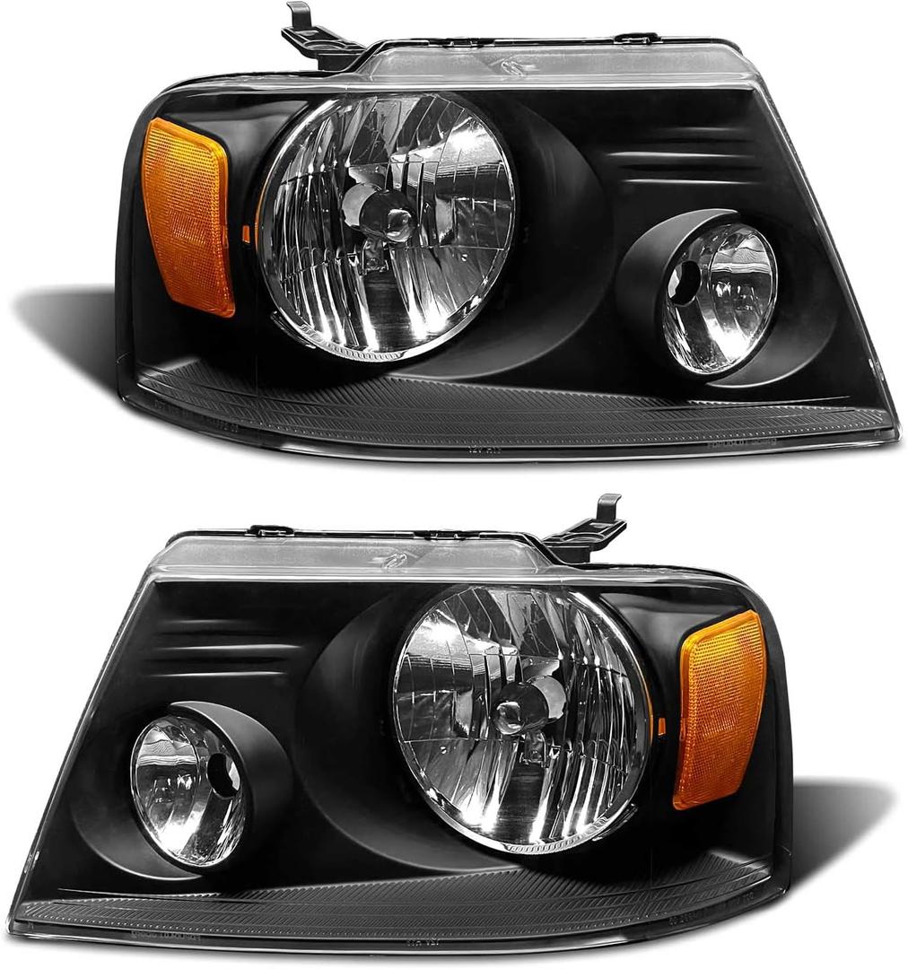 2004-2008 F150 Pickup Headlight Assembly for 04-08 Ford F150 / 06-08 Lincoln Mark LT Clear Lens Black Housing with Amber Reflector Headlamp Replacement Left and Right（W/O Bulbs）