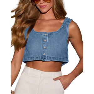 Limerose Women's Reversible Tank Tops Button Denim Crop Blouses Sleeveless Cami Shirts (Medium, Light Blue)
