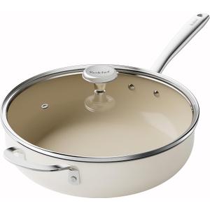 Redchef Ceramic Saute Pan with Lid, Nonstick Deep Frying Pan, 5QT Jumbo Cooker with Helper Handle & Lid, Non Toxic Ceramic Cooking Pan, Chef Pan, Dishwasher & Oven Safe, PFAS PFOA & PTFE Free (Beige)