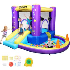 FBSPORT Inflatable Bounce House, Kids Bounce Castle Slide for Indoor Outdoor, Toddler Baby Water Jumper Bouncer, Kids Jumping Bouncy House with Blower, Ball Pit Pool, Basketball Hoop, Dart Game,Purple, 9.35 ft L x 8.7 ft W x 5.7 ft H