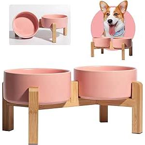 Elevated Ceramic Dog Bowl Set  Raised Dog Bowls with NonSlip Bamboo Stand  Dog Food and Water Bowl Set  Double Dog Feeding Bowls  Suitable for Small and Medium Dogs  28.74 OZ  3.6 CUPS  850 ML