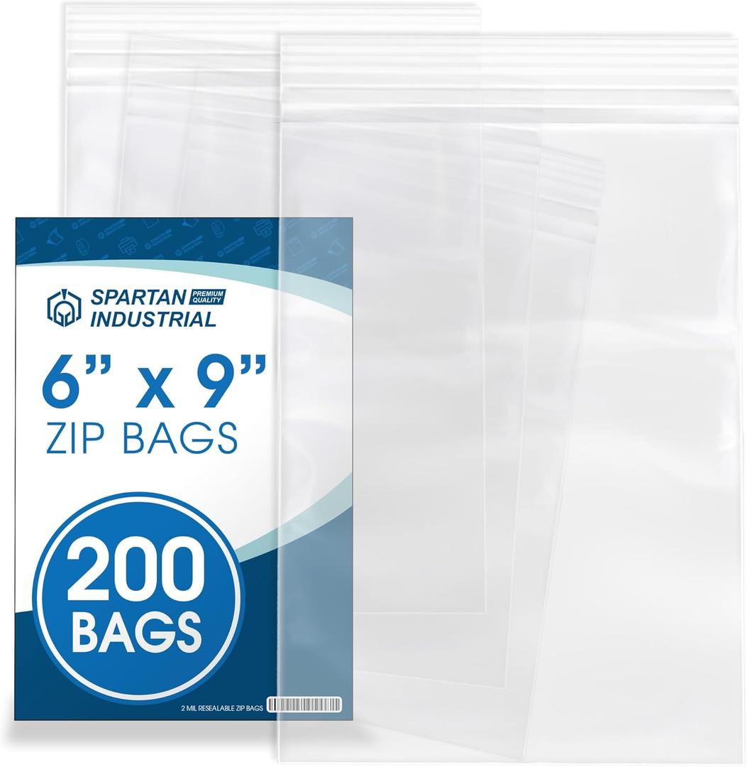 Spartan Industrial - 6 X 9 (Count of 200) Quart Clear Reclosable Zip Plastic Poly Bags with Resealable Lock Seal Zipper - 2 Mil