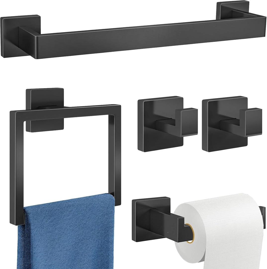 Gypie 5-Piece Bathroom Hardware Accessories Set, Towel Racks for Bathroom Wall Mounted Stainless Steel, Matte Black Towel Bar Set 16In