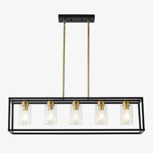 5-Light Farmhouse Chandelier Modern Kitchen Island Pendant Lighting E26 with Clear Glass Shades, Rectangle Black and Gold Chandelier, Adjustable Height