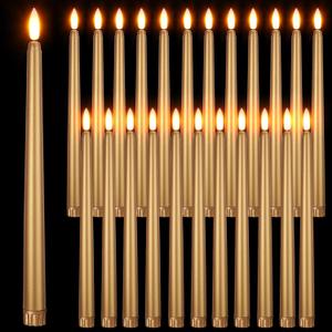 Macarrie 24 Packs Flameless Taper Candles Battery Operated Fake 11 Inch Long Candle Light LED Flameless Candlesticks Flickering Tapered for Wedding, Halloween, Christmas(Gold)