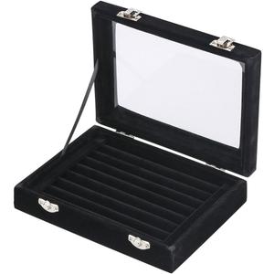 7 Slot Velvet Jewelry Rings Display Tray Earring Storage Case Jewelry Storage Box (Black)