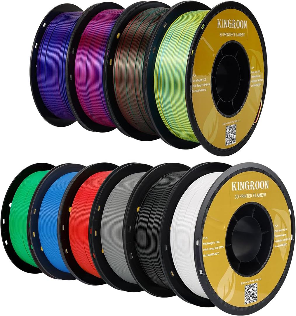 Kingroon PLA 3D Printer Filament,10 Rolls, 10kg Spool(22lbs),Single and Triple Color1.75 mm,4 Triple Color Silk PLA+6 PLA (10*1kg(black+white+red+green+blue+red Green Blue+red Yellow Blue +Green Purple Copper+black Purple Blue)