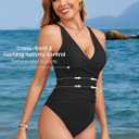 Zando Women V Neck Ruched One Piece Swimsuit Tummy Control Front Cross Wrap Bathing Swim Suit Swimwear (Black, L)