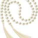 Quelay 58 Inch Pearl Glass Bead Garland 16mm with Tassels Elegant Boho Wedding Table Decor Healing Bead Prayer Fringe Wall Shelf Hanging for Wedding Party Farmhouse Rustic Home Decoration(Beige)