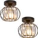 Semi Flush Mount Crystal Ceiling Light Pack of 2, Metal Cage Hallway Ceiling Lamps, Farmhouse Ceiling Light Fixture, Industrial Crystal Chandelier for Corridor Bathroom Kitchen (Black, 7.5 Inch)