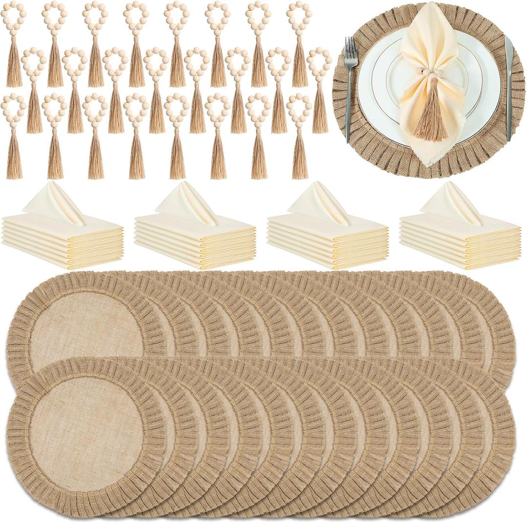 Gejoy 72 Pcs Round Burlap Placemats Wood Bead Napkin Rings with Dinner Napkins Cloth, Jute Heat Resistant Placemats Boho Wooden Rings for Plates Wedding Dining Table