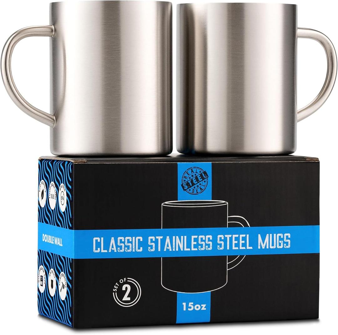 Stainless Steel Coffee Mugs 15 oz Double Wall Stainless Steel Mugs with Handle, Metal Coffee Cups for Tea, Insulated Mug Set of 2 BPA Free, Durable, Unbreakable Metal Coffee Mugs for Camping
