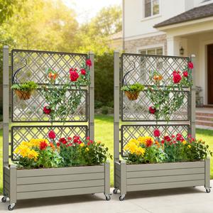 YITAHOME 43.3x17.7x61 in Planter Boxes Outdoor with Trellis, Resin Raised Garden Bed with Wheels & Drain Plug 2pcs for Climbing Plants, Weather-Resistant Design, Brown