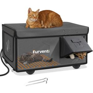 Outdoor Heated Cat House in Winter,Extremely Insulated & Weatherproof,Feral Cat Shelter with Waterproof Eaves & Escape Door for Outside Stray Barn Cat(Dark Grey,23.6"x16.5"x13.4")