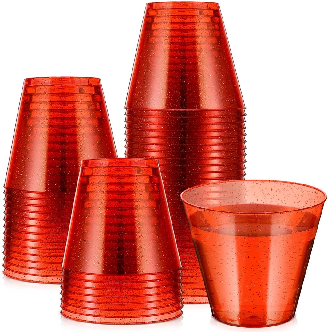 Baderke 100 Pcs Plastic Party Cups Glitter Plastic Cups Disposable Clear Cocktail Containers for Outdoor Birthday, Wedding, Christmas Thanksgiving Parties (Red,9 oz)