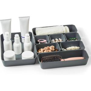 ISSEVE 8Pcs Nesting Silicone Drawer Organizer Trays, 4 Size Versatile Vanity Bathroom & Desk Drawer Organizer Set Storage Bins for Office,Kitchen,Nightstand,Black