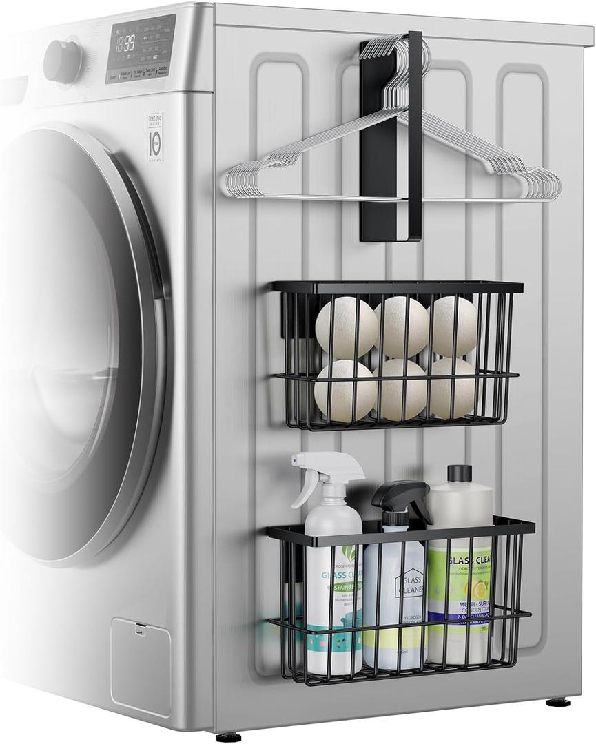 Laundry Room Organization and Storage Magnetic Dryer Ball Holder with Magnetic Hanger Holder, Magnetic Lint Bin for Washer Dryer, Iron Basket Dryer Ball Container, Magnetic Laundry Organizer (Black)