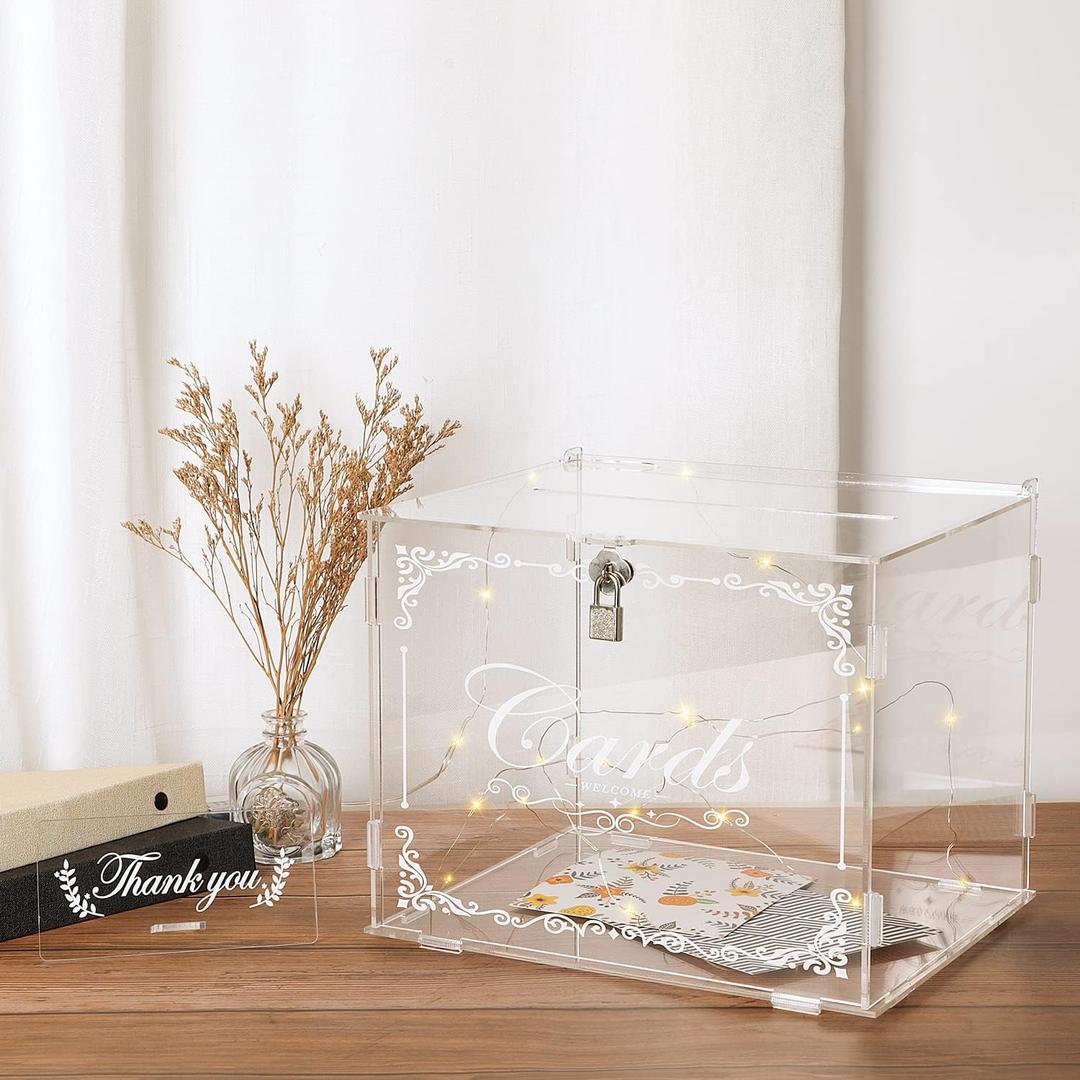 Ywlake Acrylic Wedding Card Box Money Post Gift Box Holder, Clear Card Box Large Letter Envelope Boxes with Lock and Slot for Reception Anniversary Birthday Party Baby Shower