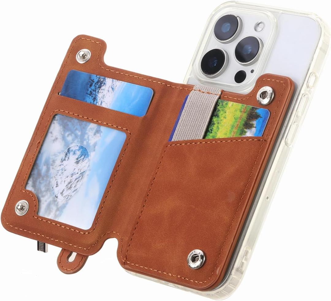 for Magsafe Wallet,Magnetic Card Holder for MagSafe Phones and Cases,Strong Magnet Wallet for iPhone,RFID Blocking Phone Wallets Hold 3 Cards,Strap Stand,Brown
