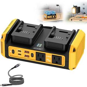 Azocek 350W Power Inverter Pure Sine Wave Compatible with Dewalt 20V Battery (No Battery), 7A Fast Charger, Portable Power Station with 2 AC Outlets, 2 Type-C (140W/65W), 2 QC USB Ports, 600LM LED