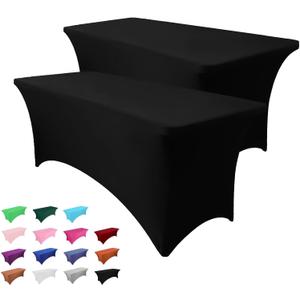 2 Pack 6FT Table Cloth for Rectangle Tables - Black Tablecloths Rectangular Fitted Stretch Spandex Table Covers 6 ft for Birthday, Cocktail, Wedding, Banquet Christmas Holiday Tablecloth