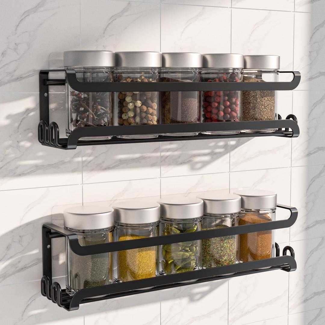 LUCYCAZ 2 Pack Wall Mounted Spice Rack with 8 Hooks, Spice Organizer Shelf for Stove Cabinet Pantry Door,Screw or Adhesive Spice Shelf Hanging Wall Spice Rack in Kitchen and RV (Black, 2 PACK)