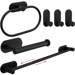 TocTen 6 Pieces Self Adhesive Towel Bar Set, Stainless Steel Bathroom Hardware Set Include Adjustable Towel Rack, Towel Ring, TP Holder, 3 Towel Hook, No Drill Bath Accessory Kit(Matte Black,24IN)