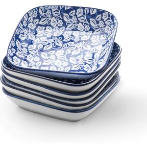 Selamica Porcelain 8-inch Square Dinner Plates, Salad Pasta Bowls, Set of 6, Vintage Blue