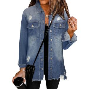 Bosmeer Women's Oversized Jean Jacket Casual Long Sleeve Denim Shirts Distressed Frayed Hem Denim Shacket, R-knight Blue, X-Large