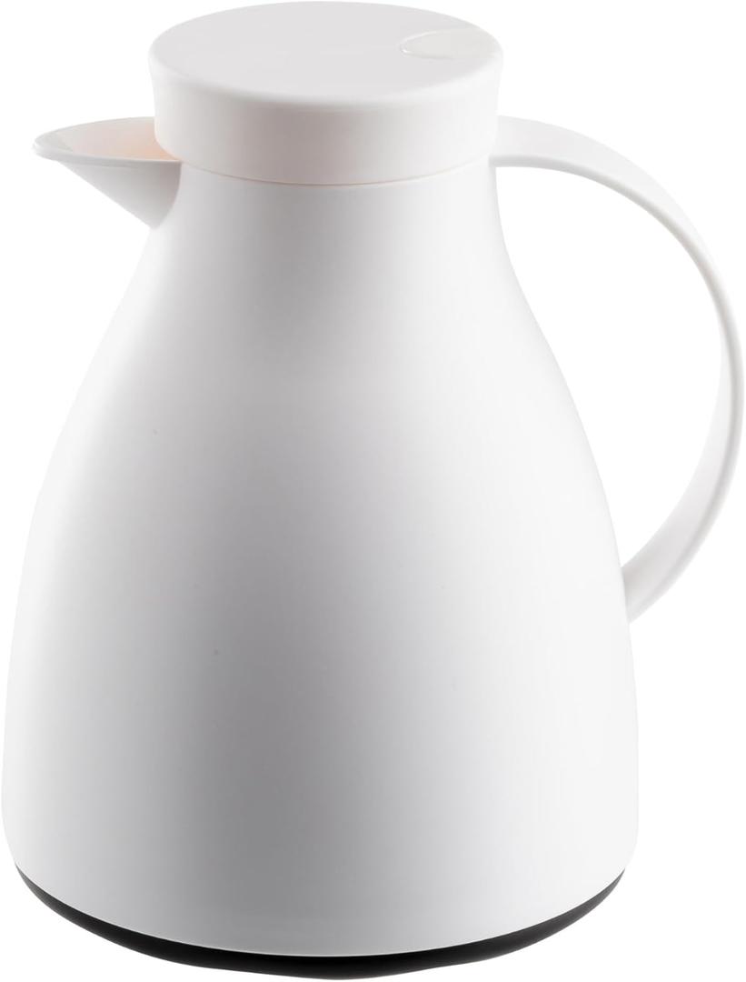TableCraft 12663, 34 oz (1 L) Plastic Coffee Carafe with Glass Liner, White Frosted Vacuum Insulated Coffee Dispenser with Push Press Lid, Lightweight, Ideal for Diners, Cafes & Restaurants