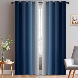 Yakamok Blue and Greyish White Ombre Curtains, Room Darkening Gradient Color Curtains for Bedroom, Light Blocking Thermal Insulated Window Drapes for Living Room(2 Panels, 52x84 Inch)