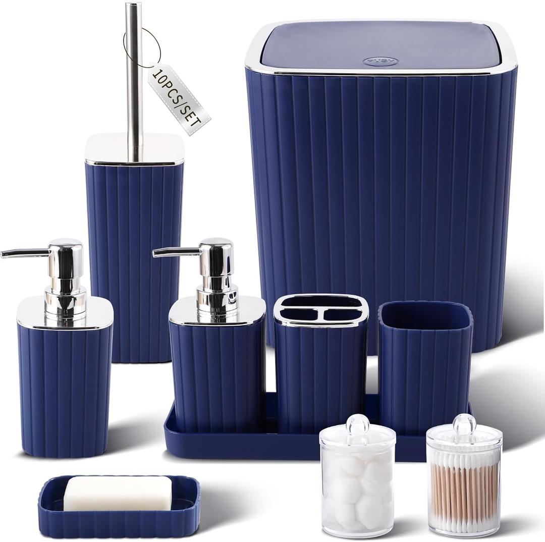 XLHOMO Navy Blue Bathroom Accessories Set - Gorgeous Bathroom Set, 10PC Bathroom Accessory Set, Toilet Brush, Trash Can, Qtip Holder & Soap Dispenser