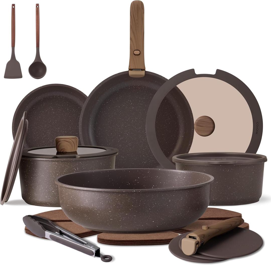 CAROTE 21PCS Pots and Pans Set Non Stick with Detachable Handle, Nonstick Cookware Sets, Cooking Kitchen Set, Oven/Dishwasher Safe, Induction Cookware, Brown, RV Kitchen Pot and Pan