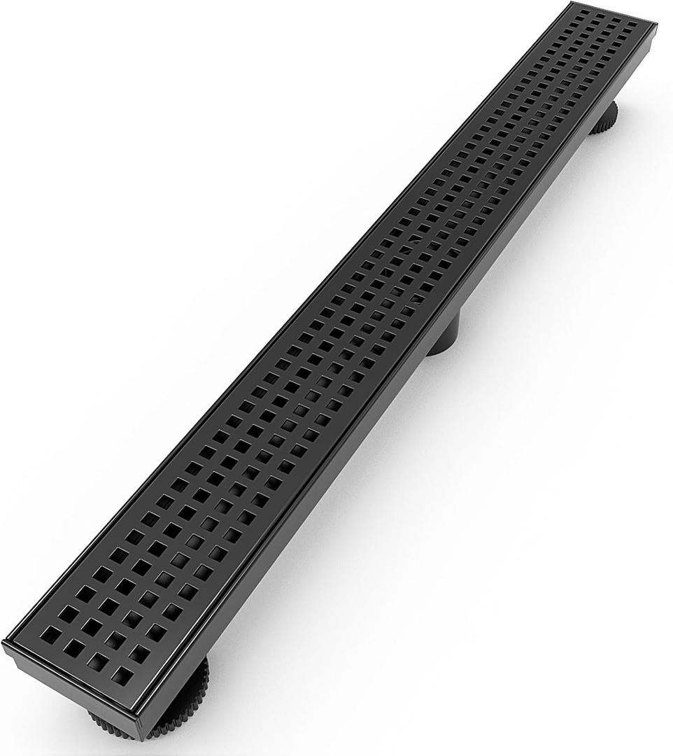 24 Inch Linear Shower Drain Rectangular Floor Drain with Accessories Square Hole Pattern Cover Grate Removable SUS304 Stainless Steel CUPC Certified Matte Black