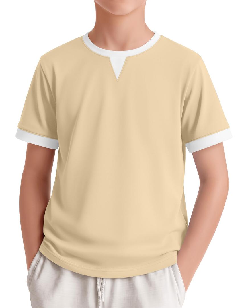 LessonZoo Boys Shirts Short Sleeve Color Block T-Shirts Baseball Kids Casual Geometric Tees Summer Fashion Crew Neck Tops(Apricot&White,7-8 Years)