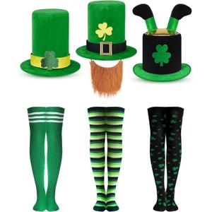 Geyoga 6 Pcs St. Patrick's Day Party Costume Accessories Including 3 Leprechaun Hat and 3 Ireland Shamrock Thigh High Stocking for Women Men Adult Fall Cosplay Costume(st. Patrick's Day)