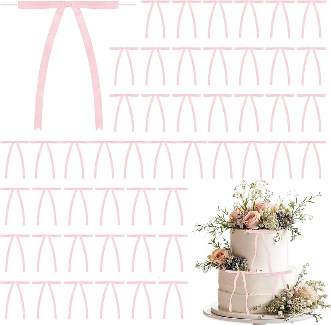 3 x 50PCS Pink Satin Ribbon Bows Cake Topper Decor Bows Premade Twist Tie Bow for Tree Ornament Craft DIY Cake, Pink Ribbon Bow for Gift Wrapping Birthday Party Wedding Decor Home Garland