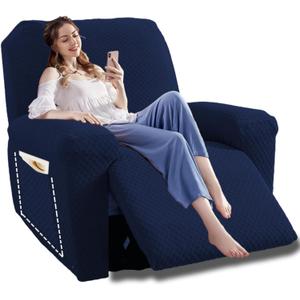 YEMYHOM 4 Pieces Oversized Stretch Recliner Slipcover Latest Jacquard Large Recliner Chair Cover with Side Pocket Anti-Slip Fitted Furniture Protector with Elastic Bottom (X-Large Recliner, Navy)