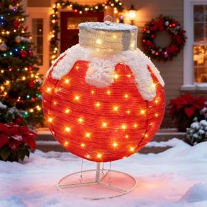 Outdoor Pop-Up Christmas Balls Lighted, Christmas Ornament Set  Holiday Ball Decorations with 60 LED Lights, Collapsible Light Up Hanging Lantern Ball for Home, Yard, Lawn Decor-Red