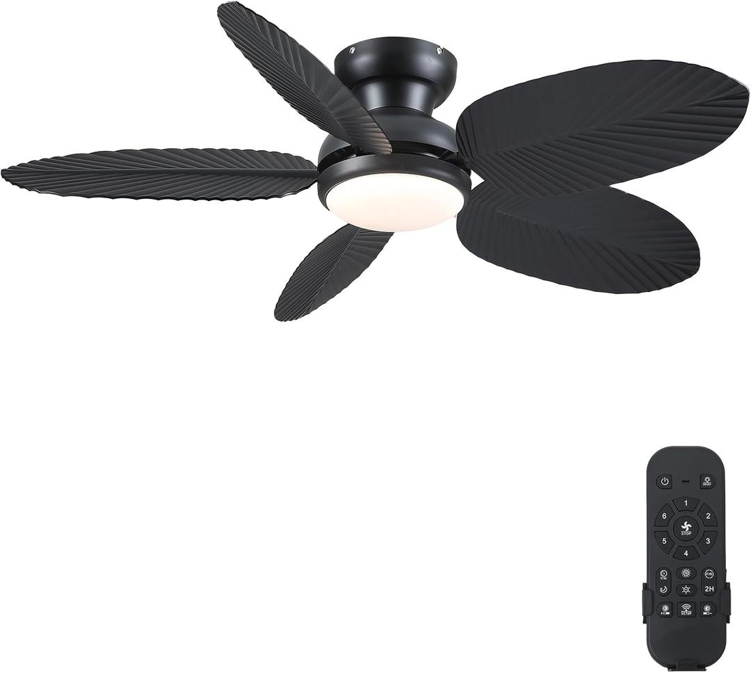 Tropical Ceiling Fans with Lights and Remote/APP Control, 45 Inch Low Profile Flush Mount Ceiling Fans, Palm Leaf Ceiling Fan with Light for Bedroom Patios Porch Outdoor, Black