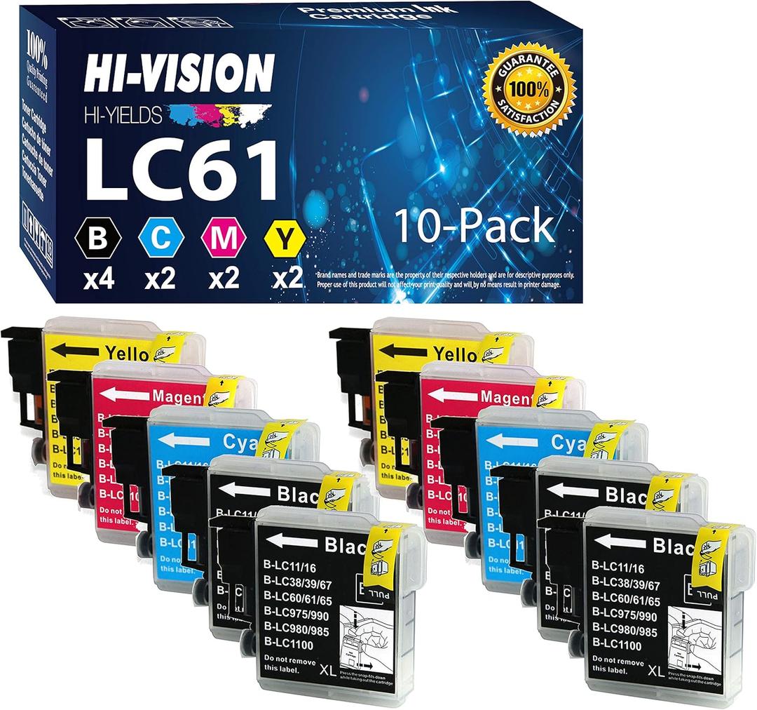 HI-VISION HI-YIELDS 10 Pack Compatible LC-61 LC61 4 Black 2 Cyan 2 Yellow 2 Magenta Ink Cartridges Replacement for MFC-490CW MFC-495CW MFC-J410W MFC-J615W MFC-6490CW MFC-6890CDW
