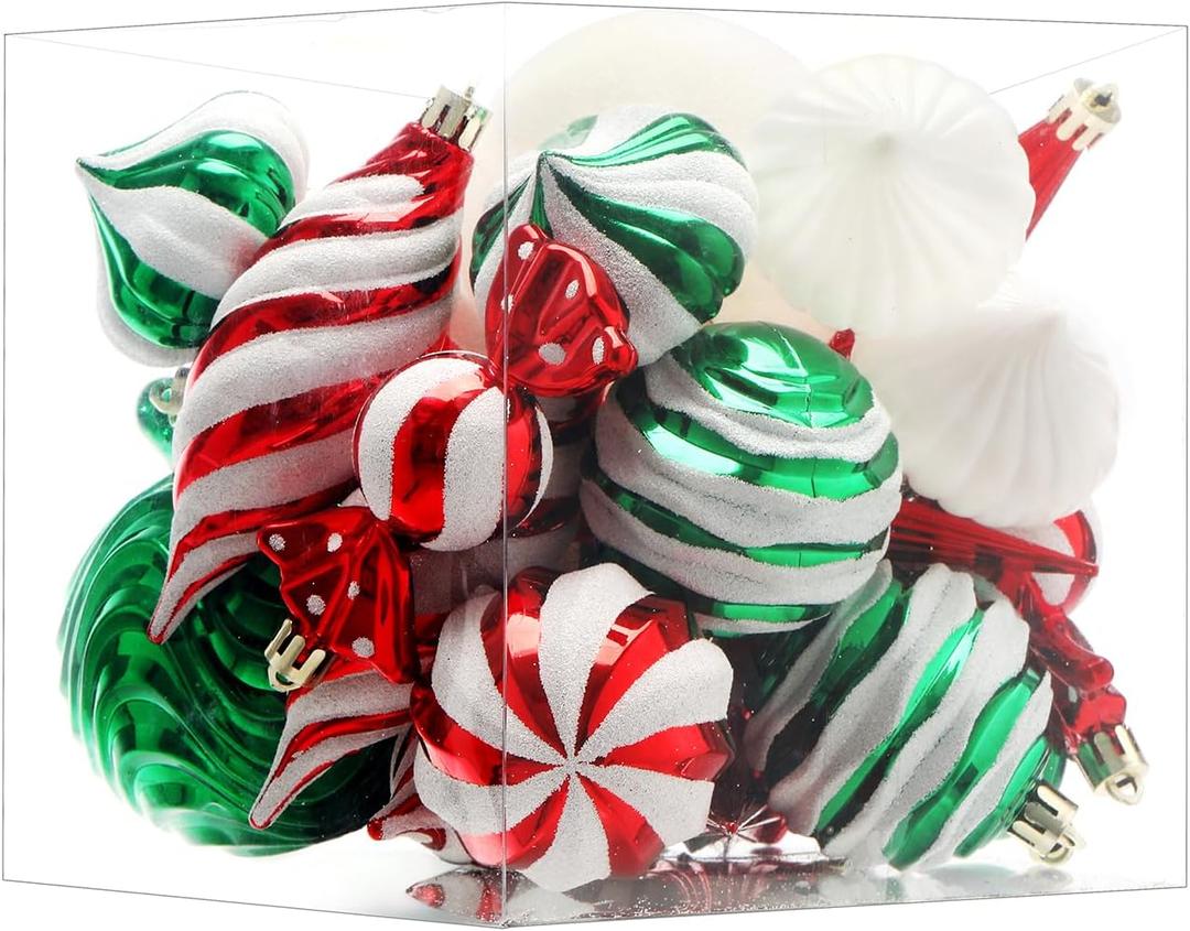 Christmas Ball Ornaments Set Shatterproof Christmas Tree Ornaments 24 PCS Painted Shaped Styles Xmas Tree for Holiday Decor,Red and Green